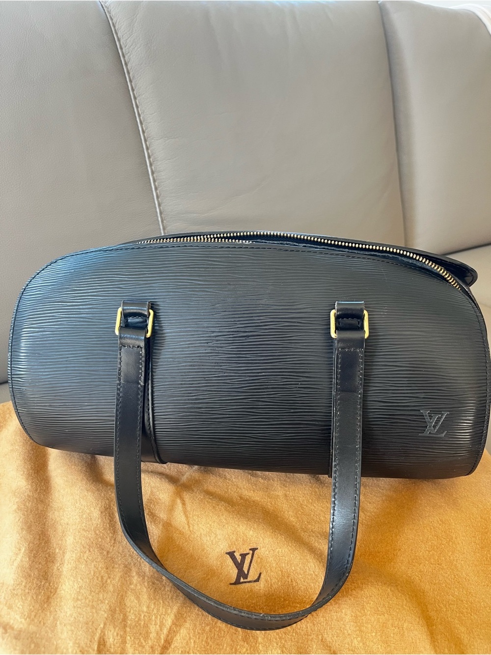 Authentic Louis Vuitton Black Epi Leather Soufflot Shoulder Bag with Dust Bag